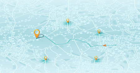 Multiple destinations, isometric. Gps tracking map. Track navigation pins on street maps, navigate mapping technology and locate position pin. Futuristic travel gps map or location navigator vector illustrationのイラスト素材