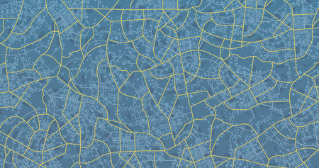 City top view. View from above the map buildings. Gps map. Detailed view of city from above. Decorative graphic tourist map. Quarter residential buildings. Vector, illustration. Abstract transportation background.のイラスト素材