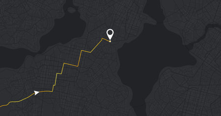 City street road. City streets and blocks, route distance data, path turns and destination tag or mark. Huge city top view. Location tracks dashboard. Vector, illustration. Abstract transportation background.のイラスト素材