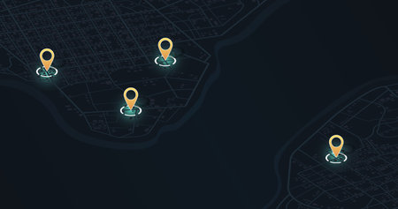 Multiple destinations, isometric. Gps tracking map. Track navigation pins on street maps, navigate mapping technology and locate position pin. Futuristic travel gps map or location navigator vector illustrationのイラスト素材