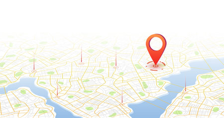 Abstract Map city with gps pins. Direction markers for navigation. Street, road, park, river on plan town. Background with location system. Urban map with information pointers, signs, arrows for travel. Vector illustrationのイラスト素材