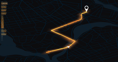 Dashboard with satellite, location and roadmap. Interface for navigation. Big data in modern city. Abstract city map. Futuristic gps map navigator system, direction path. View from above the map buildings. Vector illustrationのイラスト素材