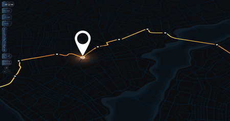 Dashboard with satellite, location and roadmap. Interface for navigation. Big data in modern city. Abstract city map. Futuristic gps map navigator system, direction path. View from above the map buildings. Vector illustrationのイラスト素材