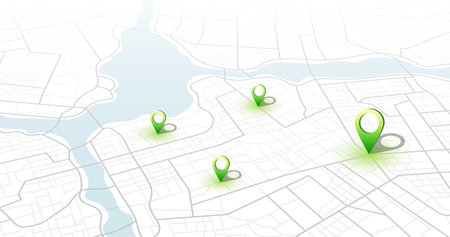 Multiple destinations, isometric. Gps tracking map. Track navigation pins on street maps, navigate mapping technology and locate position pin. Futuristic travel gps map or location navigator vector illustrationのイラスト素材