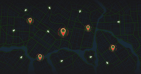 Gps tracking map. Track navigation pins on street maps, navigate mapping technology and locate position pin. Futuristic travel gps map or location navigator vector illustration. Huge city top view. Streets and blocks, route for movement on the streets of the city. Vector illustrationのイラスト素材