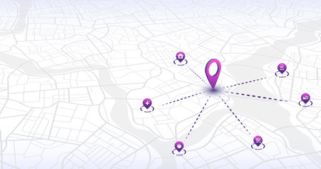 Multiple destinations, isometric. Gps tracking map. Track navigation pins on street maps, navigate mapping technology and locate position pin. Futuristic travel gps map or location navigator vector illustrationのイラスト素材