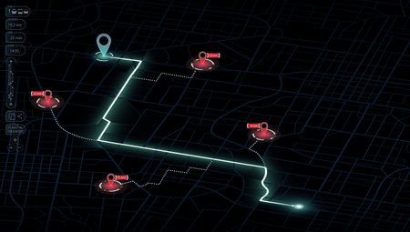 Main road throughout map. Isometric Navigation mapping technology for obtaining data on distance and turns of the path. The path from a point to the intended goal, many destinations, signs. City streets and blocks, route distance data, path turns and destination tag or mark. Vector, illustration.のイラスト素材