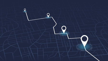 Gps tracking map. Abstract isometric location tracks dashboard. Track navigation pins on street maps, navigate mapping technology and locate position pin. Futuristic travel gps map or location navigator vector illustrationのイラスト素材