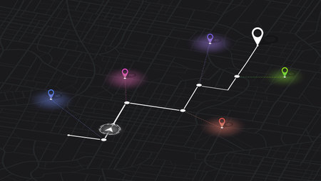 Main road throughout map. Isometric Navigation mapping technology for obtaining data on distance and turns of the path. The path from a point to the intended goal, many destinations, signs. City streets and blocks, route distance data, path turns and destination tag or mark. Vector, illustration.のイラスト素材