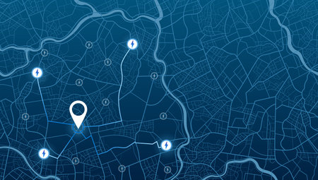 GPS map. City street road. Abstract transportation. City top view. Hi-tech vector background. route distance data, path turns and destination tag or mark. Quarter residential buildings. Background with location system. Vectorのイラスト素材