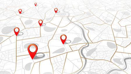 Multiple destinations, isometric. Gps tracking map. Track navigation pins on street maps, navigate mapping technology and locate position pin. Futuristic travel gps map or location navigator vector illustrationのイラスト素材