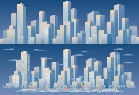 Vector set illustration of city skyline, buildings, cityscape for background. Urban silhouette landscape of modern city. Panorama in frat style. Abstract horizontal cityscape A visually stunning composition of lines and geometric elements, resembling a city.のイラスト素材