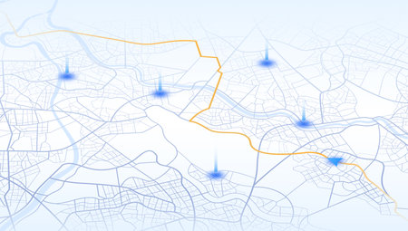Gps tracking map. Abstract isometric location tracks dashboard. Track navigation pins on street maps, navigate mapping, locate position pin. Futuristic travel map or location navigator vectorのイラスト素材