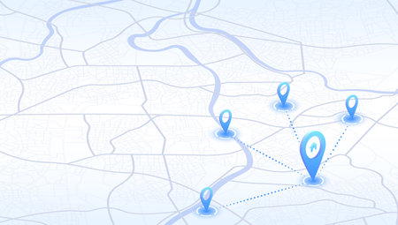 Multiple destinations from home. Gps tracking map. Track navigation pins on street maps, navigate mapping technology and locate position pin. Futuristic travel gps map or location navigator vectorのイラスト素材