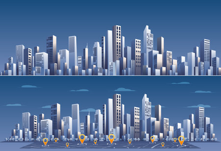 Vector illustration of city skyline with clouds, morning sky, buildings, cityscape for background. Urban silhouette landscape of modern city. Panorama in frat style. Abstract horizontal cityscape A visually stunning composition of lines and geometric elements, resembling a city.のイラスト素材