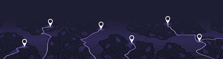 Gps tracking map. Track navigation pins on street maps, navigate mapping technology and locate position pin. Futuristic travel gps map or location navigator vector illustration. Huge city top view. Streets and blocks, route for movement on the streets of the city. Vector illustrationのイラスト素材