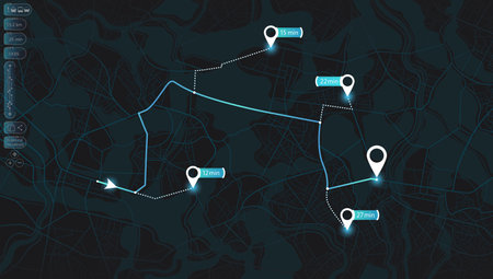 GPS map. City street road. Abstract transportation. City top view. Hi-tech vector background. route distance data, path turns and destination tag or mark. Quarter residential buildings. Vectorのイラスト素材
