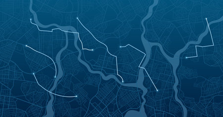 Main road throughout map. Isometric Navigation mapping technology for obtaining data on distance and turns of the path. The path from a point to the intended goal, many destinations, signs. City streets and blocks, route distance data, path turns and destination tag or mark. location tracks dashboardのイラスト素材