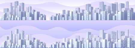 Vector illustration of city morning sky, buildings, cityscape for background. of modern city. Panorama in frat style. Abstract horizontal cityscape A visually stunning composition of lines and geometric elements, resembling a city.のイラスト素材