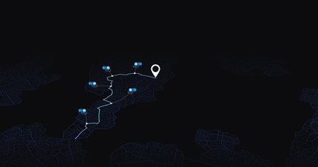 Location tracks dashboard. The path from point to the intended goal, many destinations, signs. City streets and blocks, route distance data, path turns and destination tag or mark. Huge city top view. Editable vector illustration isometricのイラスト素材