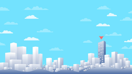 Office space, building for rent or sale. Options concept for leasing or selling commercial properties. Editable vector flat illustration with copy space. Abstract horizontal background cityscape. Panorama, header for webのイラスト素材