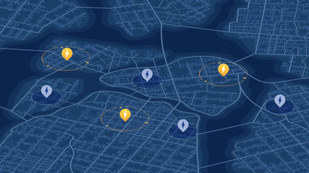 Top view distinct city districts connected to the power grid. Zones without electricity for visual...
