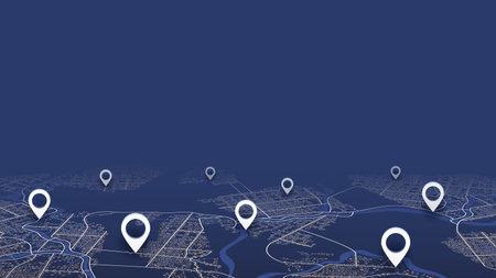 Isometric abstract map background. Colorful abstract lines. Rout, location marked with pin on city...