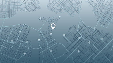 Location charging station on parking lot with fast supercharger station. Path turns and destination tag or mark. Huge top view. Tracking path and route planning from home, battery recharging service for electric vehicle. Editable vector illustrationのイラスト素材