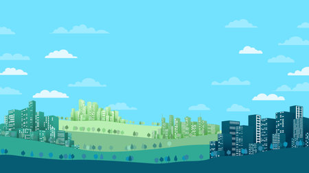 Urban silhouette landscape of modern city. Panorama in frat style. Abstract horizontal cityscape. City buildings skyline modern architecture sunset cityscape background horizontal with copy spaceのイラスト素材