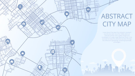 Simple scheme of city with poi and markers on the map. Abstract navigation plan of urban area. Infrastructure marker. Vector, illustration, background.のイラスト素材
