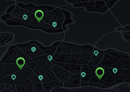 Abstract navigation plan of urban area. Simple scheme of city with poi and markers on the map. Infrastructure marker. Vector, illustration, backgroundのイラスト素材