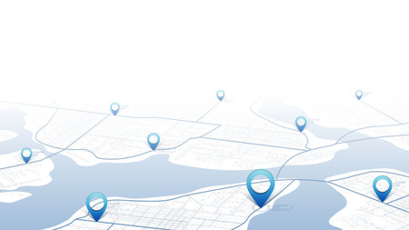 Concept of your location on map. Navigation to poi. Simple scheme of isometric city. Location tracks dashboard. Generic city map with signs of streets, roads, house. Vector illustration, backgroundのイラスト素材