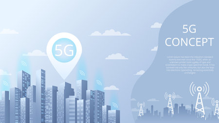 The Signal tower of 5G signal on abstract background cityscape. Networks to distribute fast signals on area. Wireless network communication on map of city. Vector illustrationのイラスト素材