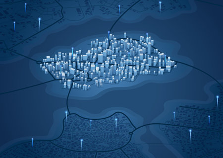 Isometric generic city map with signs. Abstract navigation plan of urban. Simple scheme of world with city. Point of intended goal, many markers. City streets and blocks, route destination tag or mark. Huge city top view. Colored editable vector illustrationのイラスト素材
