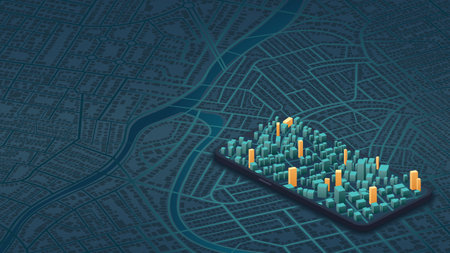 Point of intended goal, giant mobile phone with city map on the screen. Isometric generic city map with signs. City streets, destination tag or mark. Editable vector illustrationのイラスト素材