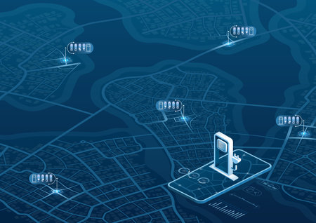 Search charging station online with mobile phone app. Location mark on gps navigation isometric map on smartphone application. POI fast supercharger station. EV destination tag. Vector illustrationのイラスト素材