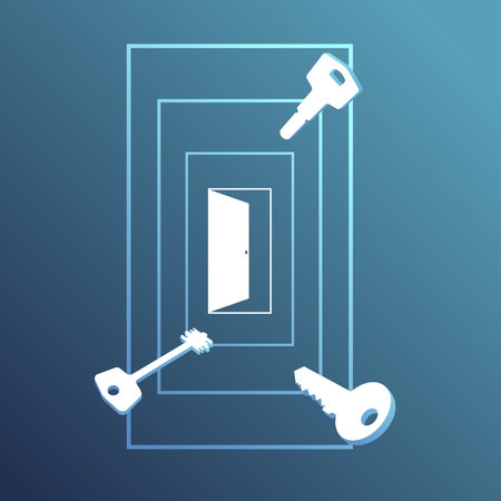 Open the door to your real estate by the keys. Concept illustration with half open door. Vector illustration.のイラスト素材