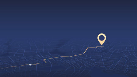 Designated route leading to specific goal point. Isometric highlighted road. An abstract navigation plan highlights points of interest, The vector illustration is fully customizable.のイラスト素材