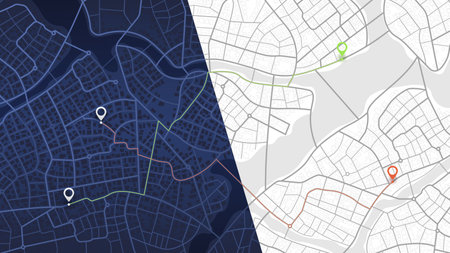 Designated routes leading to specific goal points, set of two map styles. An abstract navigation plan highlights points of interest. Vector illustration is fully customizable.のイラスト素材
