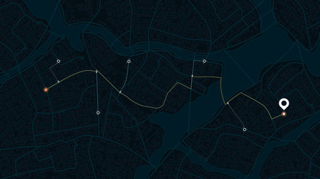 Navigation plan highlights points of interest. Designated route leading to specific goal point. City map with multiple markers. Vector illustrationのイラスト素材
