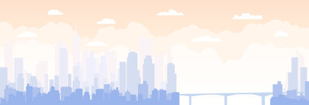City buildings skyline modern architecture sunset and night cityscape background horizontal. Urban silhouette landscape of modern city. Panorama in flat style. Cityscape, vector illustrationのイラスト素材
