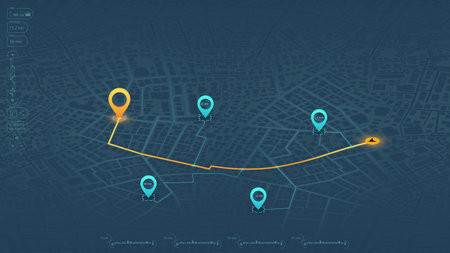 An abstract navigation plan highlights POI including city streets, blocks. City map featuring directional signs, an intended goal point and multiple markers. Editable vector illustrationのイラスト素材