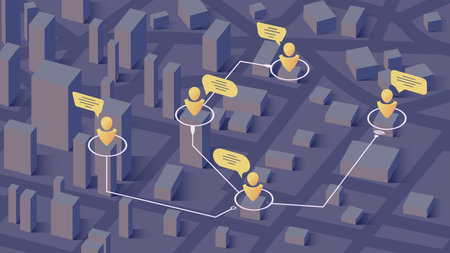 Communication concept. People connected with each other around. Business people around city working with online computer. Generic city map on background. Editable isometric, vector illustration.のイラスト素材