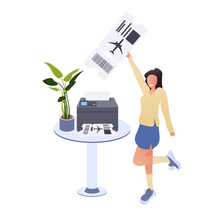 Print air flight tickets, trip. Holiday travel online. Airline boarding pass, documents, plane checkin. Vector illustration isolated on white backgroundのイラスト素材