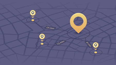 GPS tracking system to navigate around the city landmarks. Detailed city street map with directions to different locations. Vector illustrationのイラスト素材