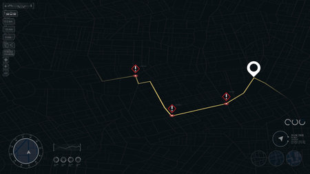 Closed turns on road, highway disruptions. Accident road. Traffic detours on map. Location tracks dashboard. Generic city map with streets and houses. Isometric vector illustrationのイラスト素材