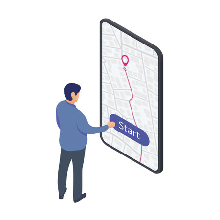 Navigation system showing a tracking navigation in progress in the streets on mobile screen with man nearby. Start drive on route and location with GPS map app. Vector illustration on white backgroundのイラスト素材