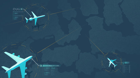 Flight status. Track airplanes flight route data, air traffic. Top view of airplane flying above...