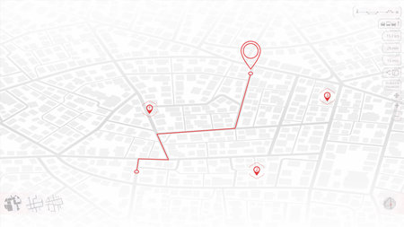 Route on the map. City street map with various points of interest. GPS tracking system to navigate...