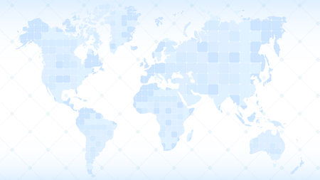 Abstract blue World map background. Concept of dividing land into countries territories. Small squares as country or region. Vector illustration on white backgroundのイラスト素材